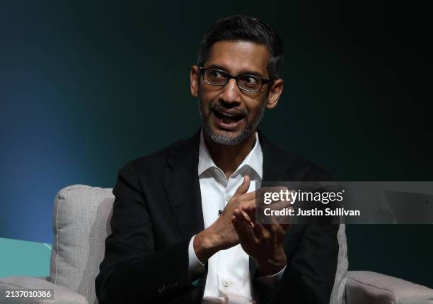 Google and Alphabet Inc. CEO Sundar Pichai speaks at Stanford University on April 03, 2024 in Stanford, California. Pichai spoke at Stanford’s first...