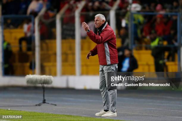 Head Coach of Nacional Potosi Claudio Biaggio gives instructions to his players during the Copa CONMEBOL Sudamericana 2024 group D match between...