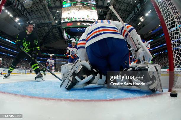 Radek Faksa of the Dallas Stars scores a goal past Calvin Pickard of the Edmonton Oilers during the first period at American Airlines Center on April...