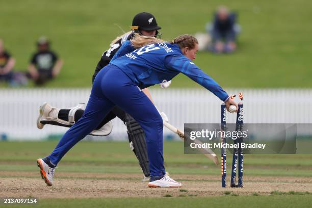 Sophie Ecclestone of England runs out Hannah Rowe of New Zealand during game two of the One Day International series between New Zealand and England...