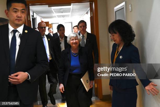 Treasury Secretary Janet Yellen arrives to attend a meeting with university students at Beijing University National School in Beijing on April 7,...