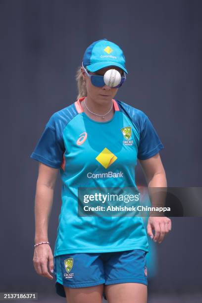 Sophie Molineux of Australia practises before game three of the Women's T20 International series between Bangladesh and Australia at Sher-e-Bangla...