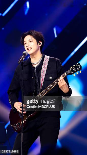 March 13: Wooseok of Pentagon is performing during MBC music program 'Show Champion' at MBC Dream Center on March 13, 2024 in Goyang, South Korea.