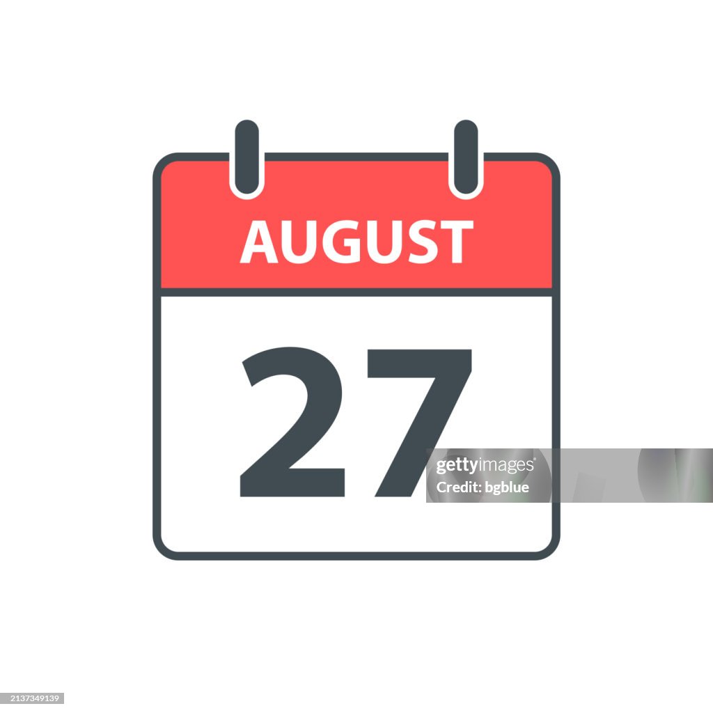 27. August - Tageskalender-Symbol im flachen Designstil auf weißem Hintergrund