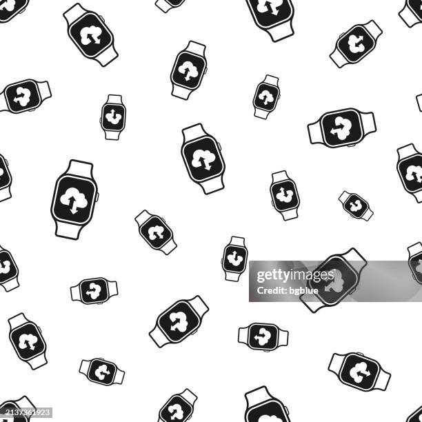cloud download and upload with smartwatch. seamless pattern. icons on white background - multimedia background stock illustrations