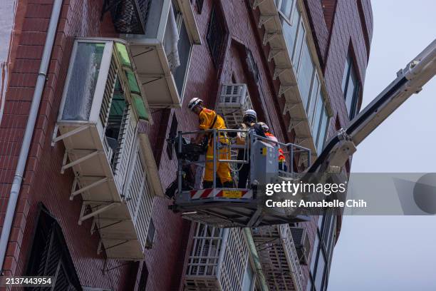 An investigation team collecting the samples of a damaged building following the earthquake on April 04, 2024 in Hualien, Taiwan. A 7.5 magnitude...