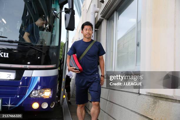 Yohei Toyoda of Sagan Tosu is seen on arrival at the stadium prior to the J.League J1 match between Sagan Tosu and Vegalta Sendai at Best Amenity...