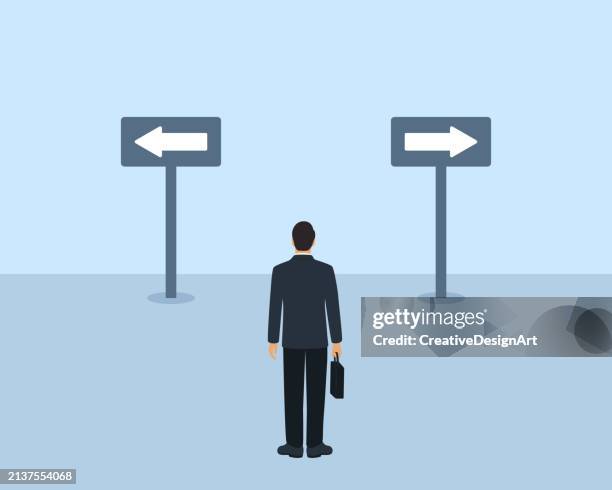rear view of businessman standing on a crossroad and looking at arrows pointing in different directions. opportunity, decision and choice concept - division stock illustrations