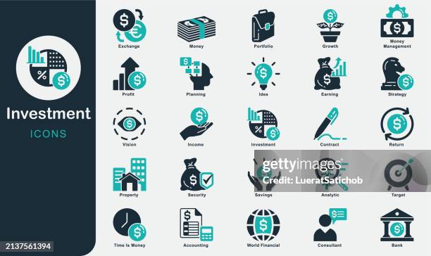 investment solid icons collection.financial strategy, savings, credit score, capital, banking, profit, containing money, tax, earnings, payment, accounting, paycheck, work, wages, return on investment - hedge fund stock illustrations