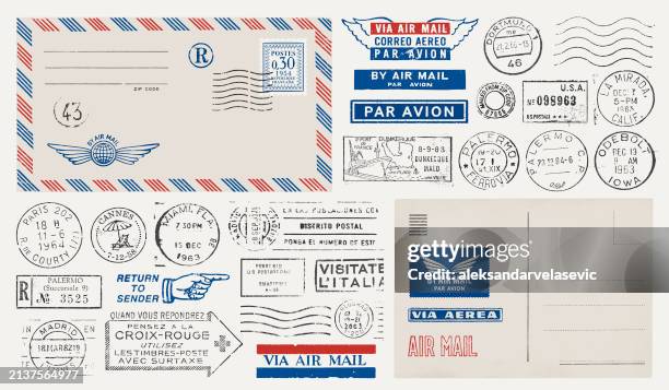 stockillustraties, clipart, cartoons en iconen met postage stamps with postcard and envelope - kaart