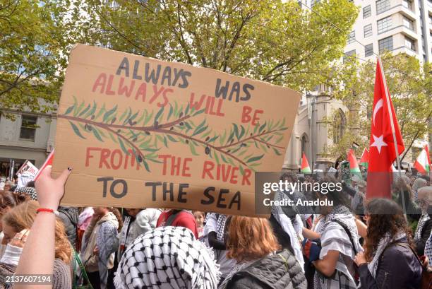 People attend the demonstration organized every Sunday since the beginning of the Israeli attacks continued in Melbourne, Australia on April 07,...