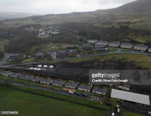 An aerial view of land in Nantyglo overlooking the Banner Rugby pitch which has been excavated on April 04, 2024 in Nantyglo, Wales. The land has...