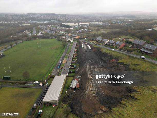 An aerial view of land in Nantyglo overlooking the Banner Rugby pitch which has been excavated on April 04, 2024 in Nantyglo, Wales. The land has...