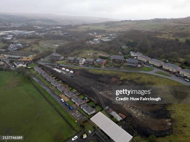 An aerial view of land in Nantyglo overlooking the Banner Rugby pitch which has been excavated on April 04, 2024 in Nantyglo, Wales. The land has...