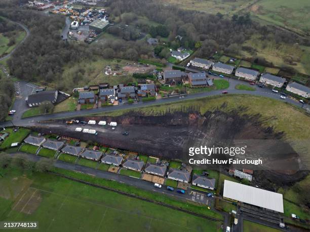 An aerial view of land in Nantyglo overlooking the Banner Rugby pitch which has been excavated on April 04, 2024 in Nantyglo, Wales. The land has...