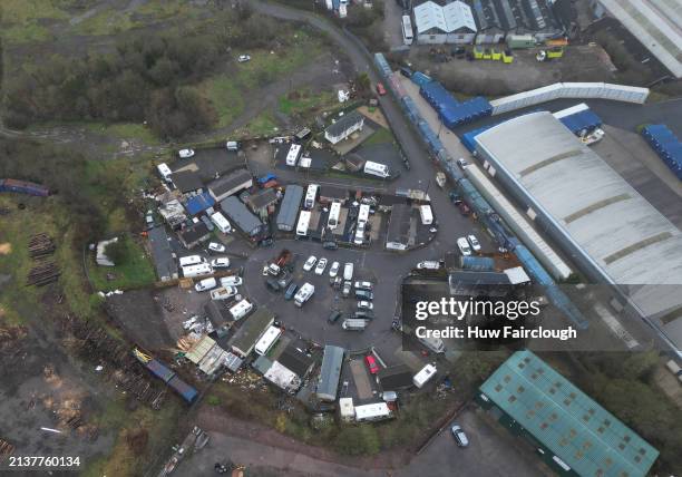 An aerial view of Cwn Crachen travellers site in Nantyglo, on April 04, 2024 in Nantyglo, Wales. Local travellers have reportedly excavated nearby...