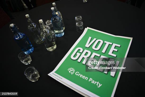 Vote Green Party posters are seen at the local election campaign launch, on April 04, 2024 in Bristol, England. The co-leaders of the Green Party,...