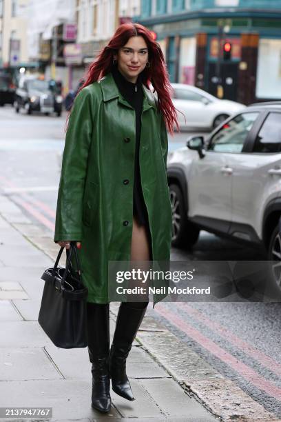 Dua Lipa seen out promoting her upcoming new album 'Radical Optimism' on April 04, 2024 in London, England.