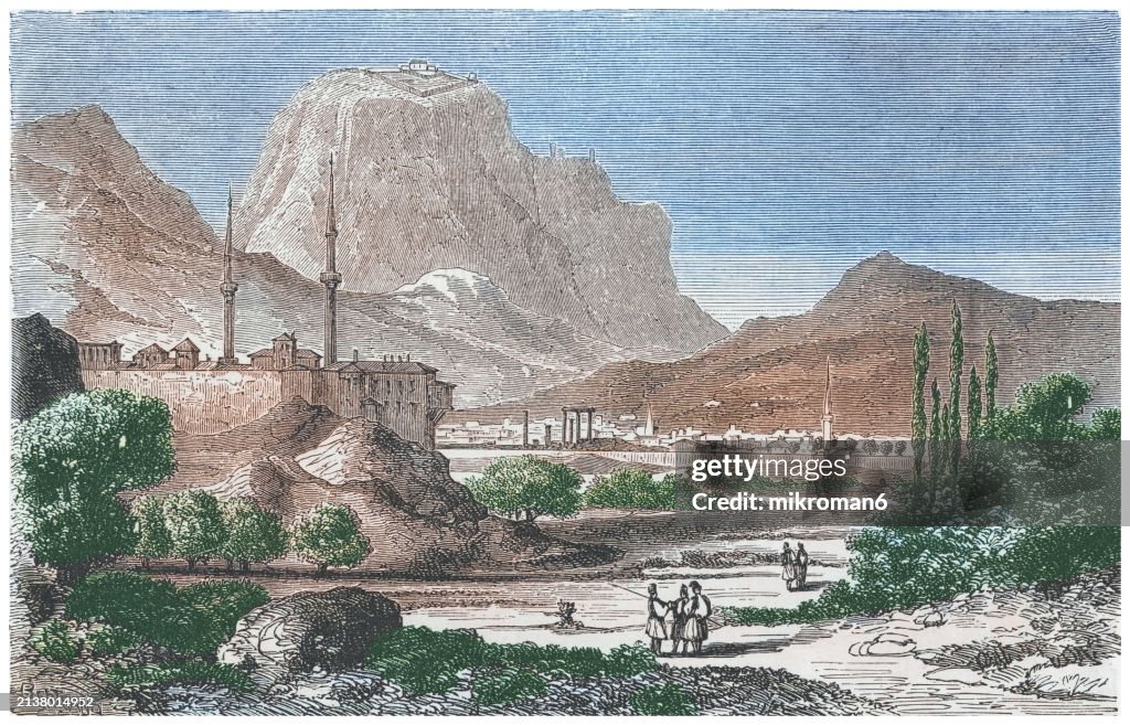 Old engraved illustration of ancient Corinth - a city-state (polis) on the Isthmus of Corinth, the narrow stretch of land that joins the Peloponnese to the mainland of Greece