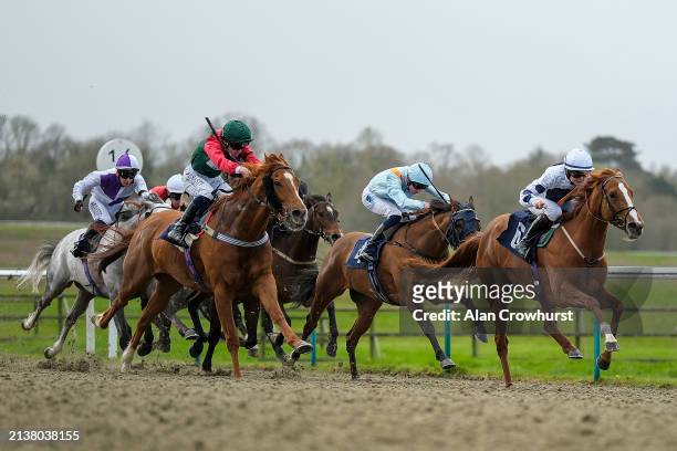 Laura Coughlan riding Jungle Charm win The Download The Raceday Ready App Apprentice Handicap at Lingfield Park Racecourse on April 04, 2024 in...