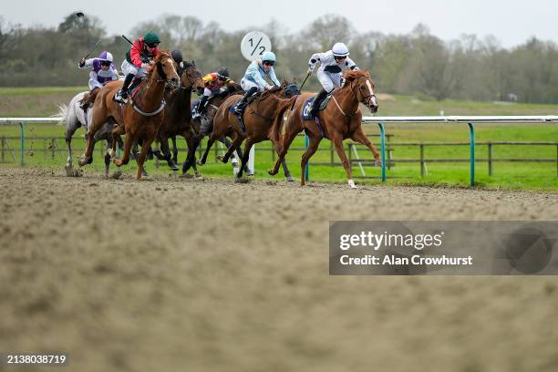 Laura Coughlan riding Jungle Charm win The Download The Raceday Ready App Apprentice Handicap at Lingfield Park Racecourse on April 04, 2024 in...