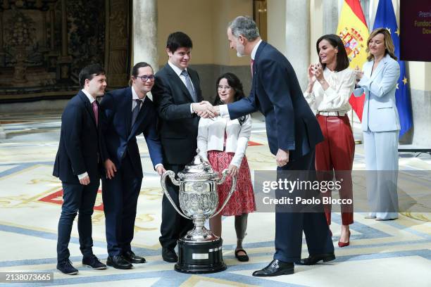 King Felipe VI of Spain and Queen Letizia of Spain deliver the National Sports Awards 2022 at El Pardo Palace on April 04, 2024 in Madrid, Spain.