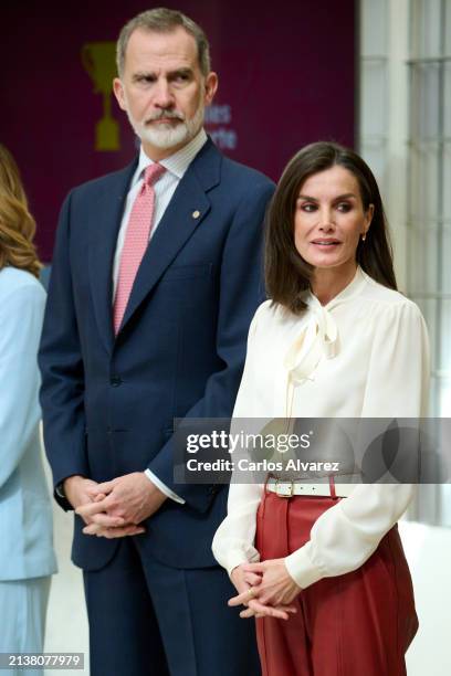 King Felipe VI of Spain and Queen Letizia of Spain deliver the 2022 National Sports Awards at the El Pardo Palace on April 04, 2024 in Madrid, Spain.