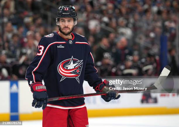 Johnny Gaudreau of the Columbus Blue Jackets takes a break during a stoppage in play against the Colorado Avalanche at Nationwide Arena on April 01,...