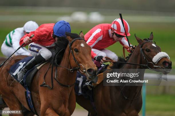 Daniel Muscutt riding Surveyor win The Get Raceday Ready Maiden Fillies' Stakes at Lingfield Park Racecourse on April 04, 2024 in Lingfield, England.