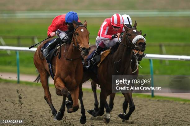 Daniel Muscutt riding Surveyor win The Get Raceday Ready Maiden Fillies' Stakes at Lingfield Park Racecourse on April 04, 2024 in Lingfield, England.