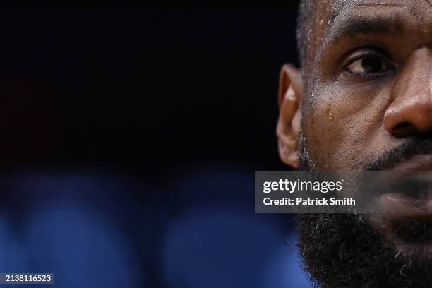 LeBron James of the Los Angeles Lakers reacts against the Washington Wizards at Capital One Arena on April 03, 2024 in Washington, DC. NOTE TO USER:...