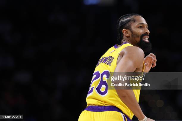 Spencer Dinwiddie of the Los Angeles Lakers reacts against the Washington Wizards during the first half at Capital One Arena on April 03, 2024 in...
