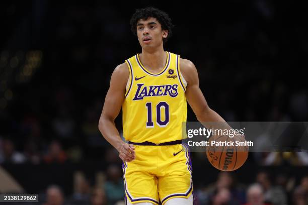 Max Christie of the Los Angeles Lakers in action against the Washington Wizards during the second half at Capital One Arena on April 03, 2024 in...