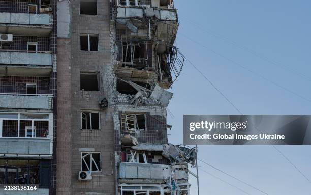 Storey apartment building damaged as result of a Russian drone attack on April 4, 2024 in Kharkiv, Ukraine. At night, the Russian army attacked...