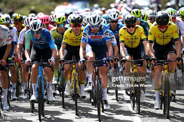 Valentin Retailleau of France and Decathlon AG2R La Mondiale Team, Pieter Serry of Belgium and Team Soudal Quick-Step and Jonas Vingegaard Hansen of...