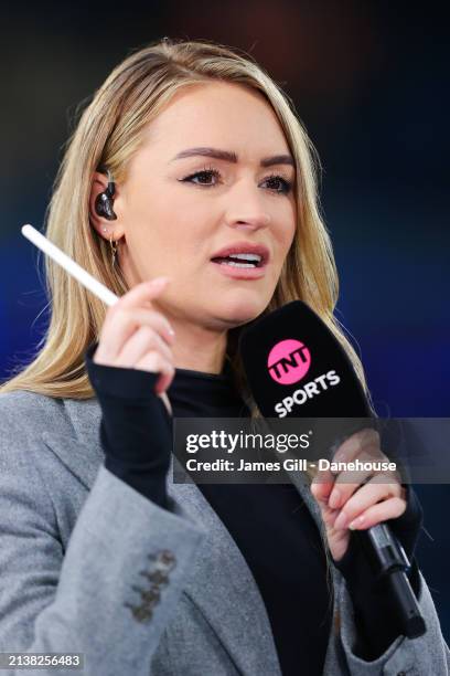 Sports presenter Laura Woods during the Premier League match between Manchester City and Aston Villa at Etihad Stadium on April 03, 2024 in...