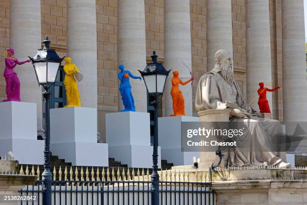 La Beaute et le Geste" exhibition by French Artist Laurent Perbos is displayed in front of the French National assembly near Michel de L'Hospital's...
