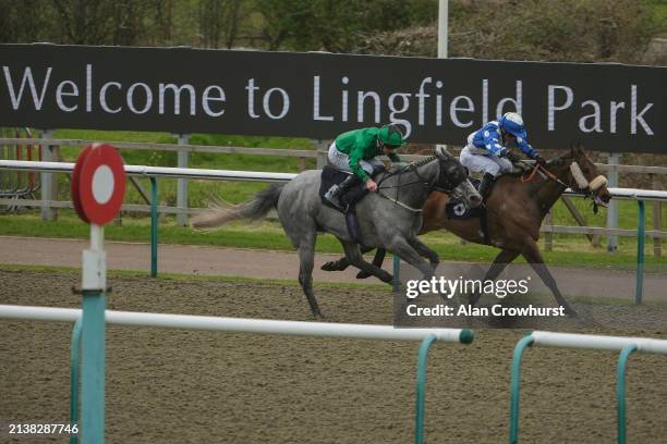 Daniel Tudhope riding Star Of Lady M win The Get The Inside Track With raceday-ready.com Handicap at Lingfield Park Racecourse on April 04, 2024 in...