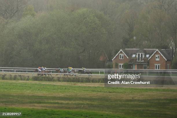 Runners on the farside of the track during The at Lingfield Park Racecourse on April 04, 2024 in Lingfield, England.