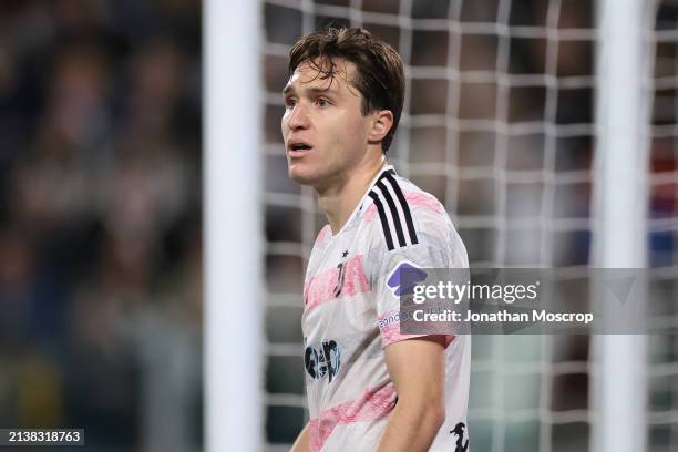 Federico Chiesa of Juventus reacts during the Coppa Italia Semi Final match between Juventus FC and SS Lazio at Allianz Stadium on April 02, 2024 in...