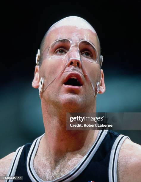 Portrait of Danny Ferry, Power Forward and Small Forward for the San Antonio Spurs wearing a protective face mask during the NBA Pacific Division...