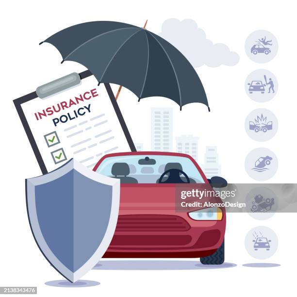 ilustraciones, imágenes clip art, dibujos animados e iconos de stock de concepto de seguro de automóvil. coche con escudo de protección. - seguro de automóvil