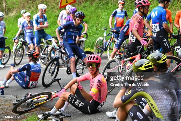 Rigoberto Uran of Colombia and Team EF Education - EasyPost and a general view of the peloton waiting at Olaeta after the neutralisation of the race...