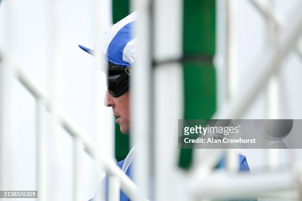 Jim Crowley in the stalls at Lingfield Park Racecourse on April 04, 2024 in Lingfield, England.