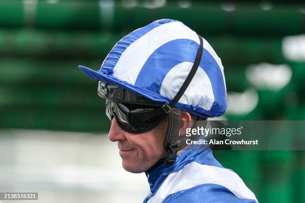 Jim Crowley in the stalls at Lingfield Park Racecourse on April 04, 2024 in Lingfield, England.