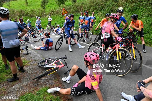 Rigoberto Uran of Colombia and Team EF Education - EasyPost and a general view of the peloton waiting at Olaeta after the neutralisation of the race...