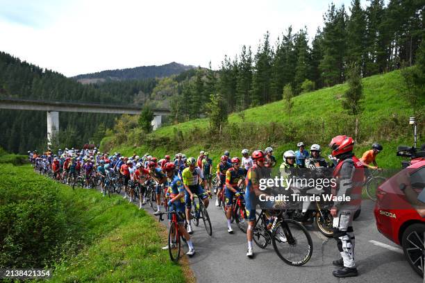 Tao Geoghegan Hart of The United Kingdom and Team Lidl - Trek and a general view of the peloton waiting at Olaeta after the neutralisation of the...