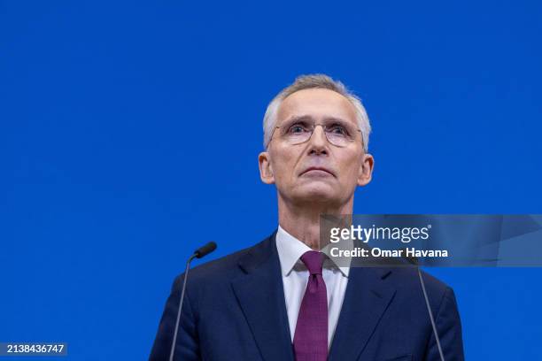 Secretary General Jens Stoltenberg holds the closing press conference at the NATO headquarters on the second day of the NATO Foreign Affairs...