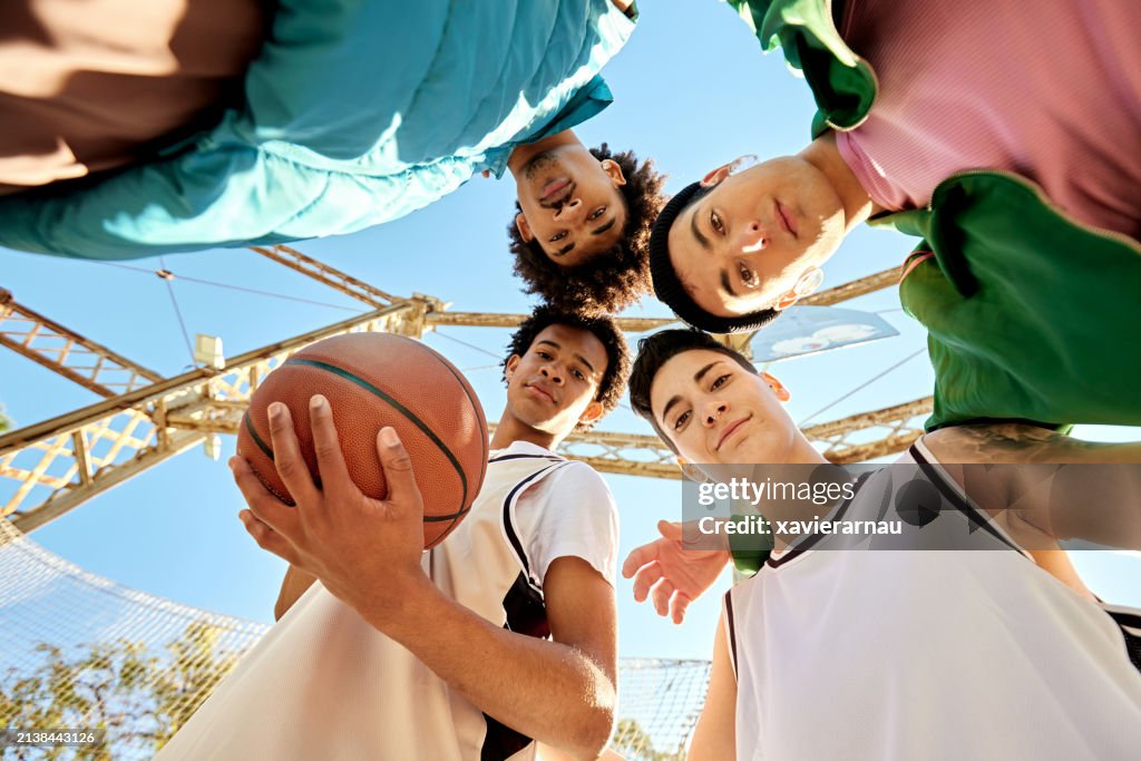 Low angle portrait of confident young sports friends