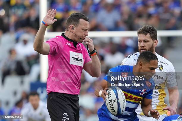 Referee Matthew Carley in action during the Investec Champions Cup match between Stormers and La Rochelle at Cape Town Stadium on April 6, 2024 in...